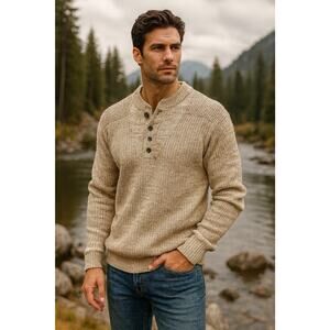 Vintage Midwest Traders Fisherman Oversized Sweater Henley Beige Birdseye Sz M